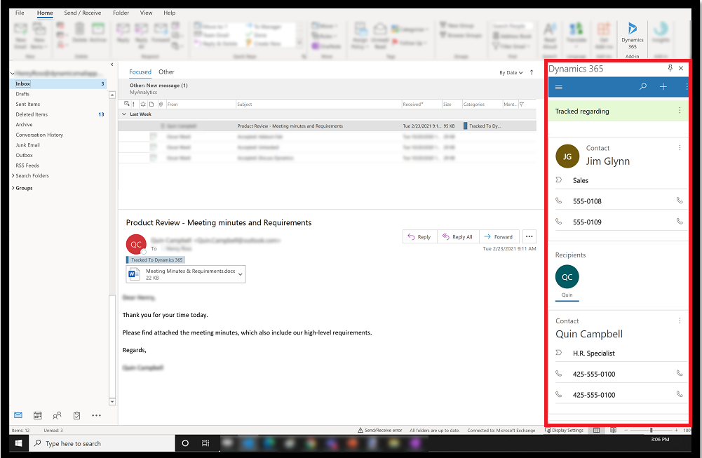 Dynamcis 365 App for Outlook pane.