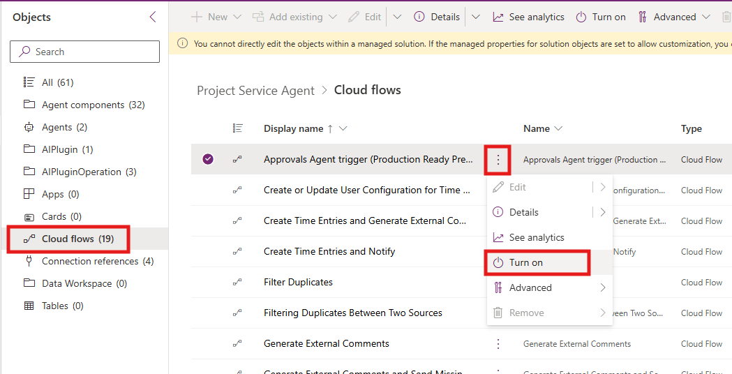 Screenshot that highlights the user interface elements used to turn on the Approvals Agent trigger cloud flow as described in the preceding steps.