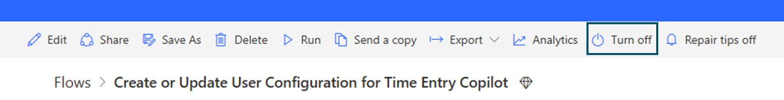 Screenshot that shows the label of the Turn on button changed to Turn off.