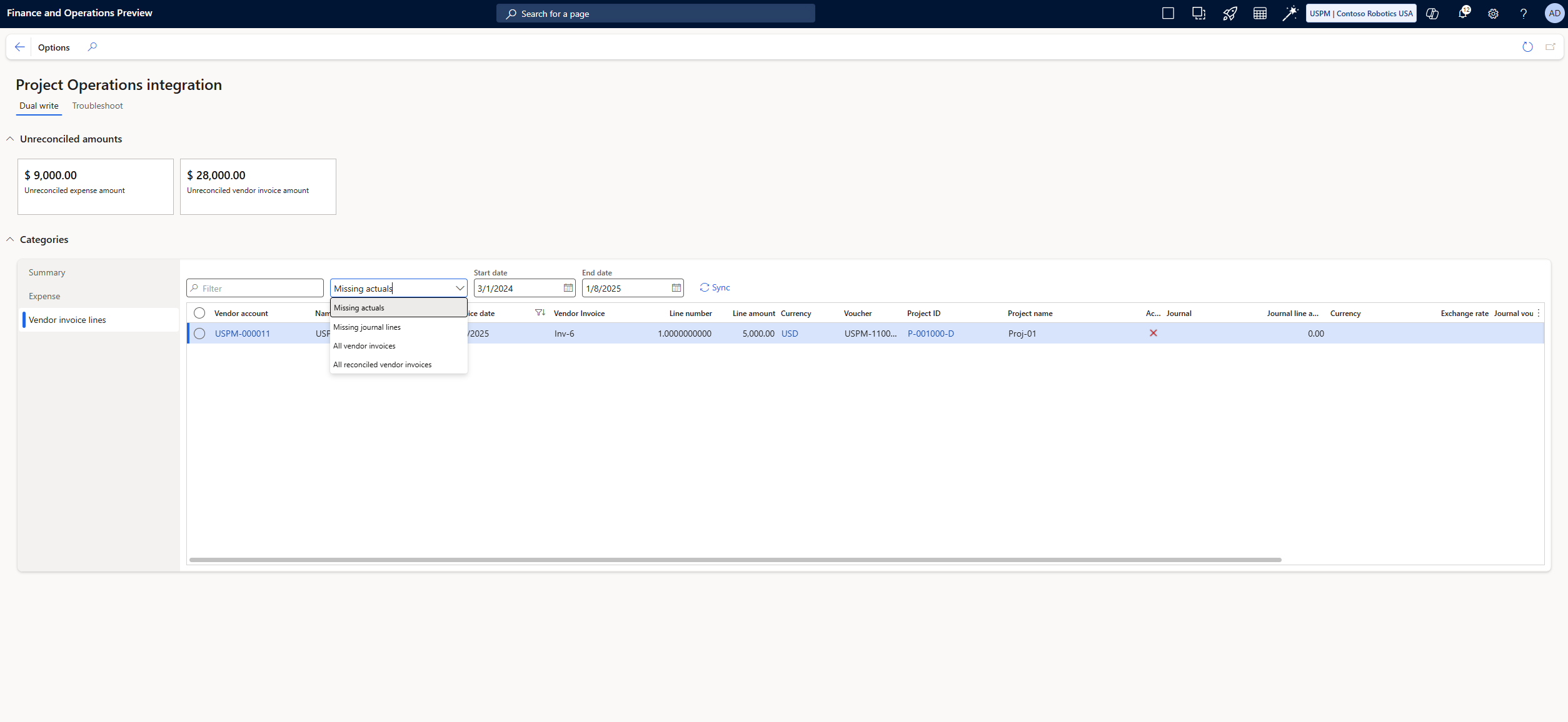 Screenshot that shows the Missing actuals view being selected on the Vendor invoice lines tab of the Project Operations integration workspace.