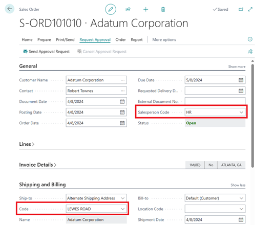 Shows sales order with changed Ship-To address having salesperson not coming from Bill-to customer