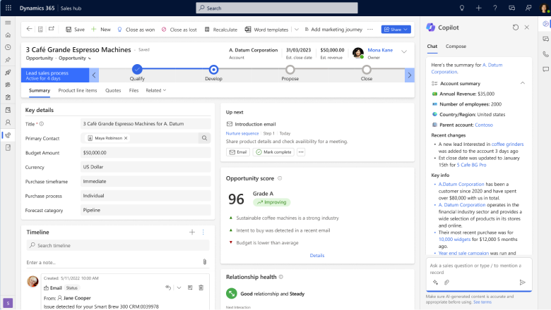 Screenshot of the Copilot account summary in the Copilot side pane with account record in context.