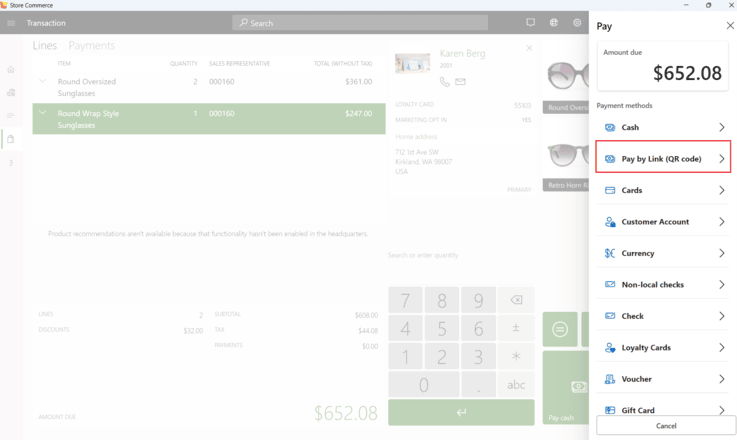 Screenshot of the Store Commerce app with the Pay by Link (QR code) payment method highlighted. Screenshot of the Store Commerce app with the Pay by Link (QR code) payment method highlighted.