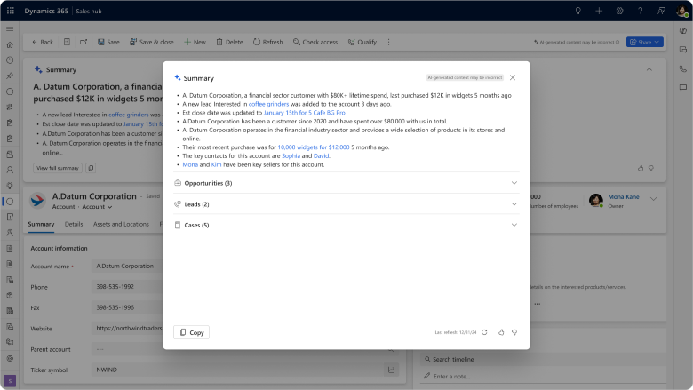 Screenshot of account summary in modal pop-up to read all details