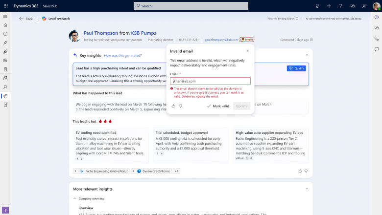 Screenshot showing email validation performed by Sales Qualification Agent in Dynamics 365