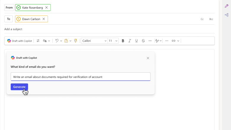 Copilot recommending an email template Copilot recommending an email template
