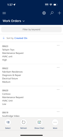 Screenshot of the Field Service mobile app displaying a list view which has avatar icon removed and more columns of data.