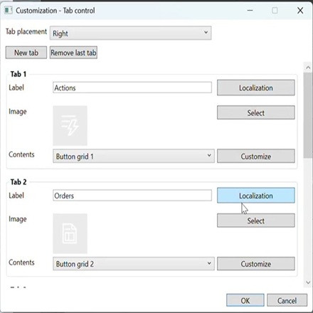 Screenshot showing the Customization - tab Control dialog. Screenshot showing the Customization - tab Control dialog.