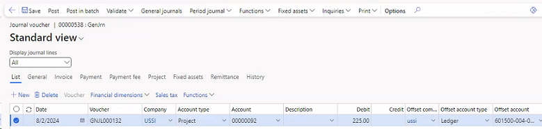 Screenshot showing the use of the general journal form against a project.