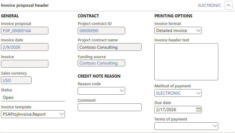 Screenshot of project invoice proposal form showing the due date field.