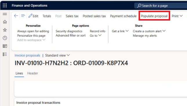 Screenshot of the Populate proposal button on the invoice proposal. Screenshot of the Populate proposal button on the invoice proposal.