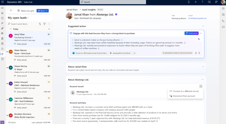 Lead Insights page with auto-linked CRM data Lead Insights page with auto-linked CRM data