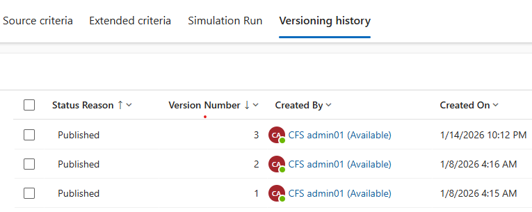 Screenshot of versioning history