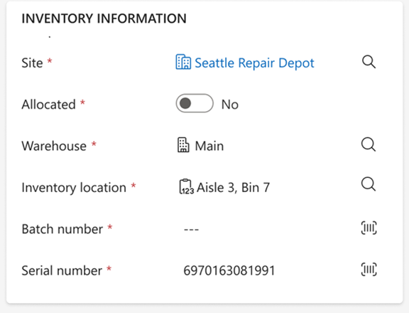 Screenshot of Inventory Tracking dimensions on the work order product mobile experience.
