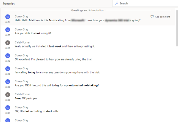 Transcript tab with sample transcript