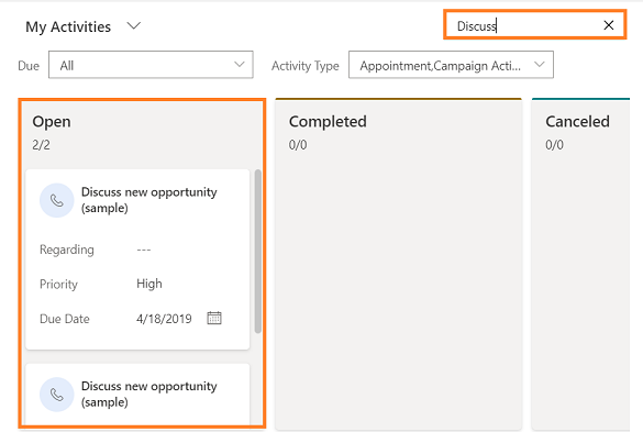 Use the Search box to filter records in the Kanban view