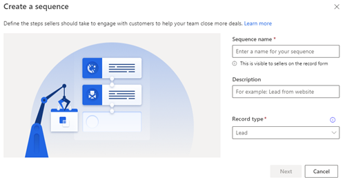 Screenshot of the Create a sequence dialog in Dynamics 365 Sales.