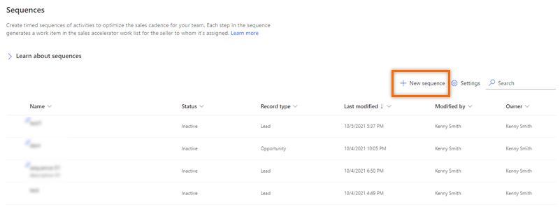 Screenshot of selecting New to create a sequence in Dynamics 365 Sales.