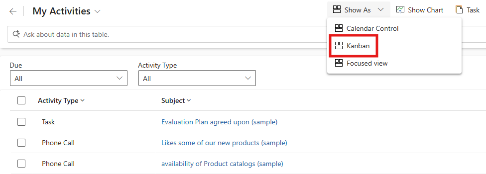 Screenshot of different views available in the activity grid.