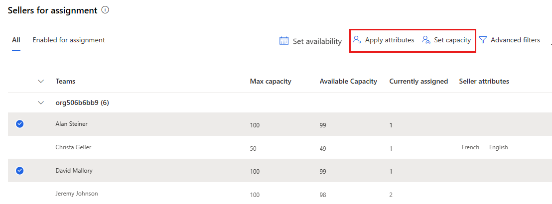 Screenshot of a group of sellers selected, with Apply attributes and Set capacity highlighted.