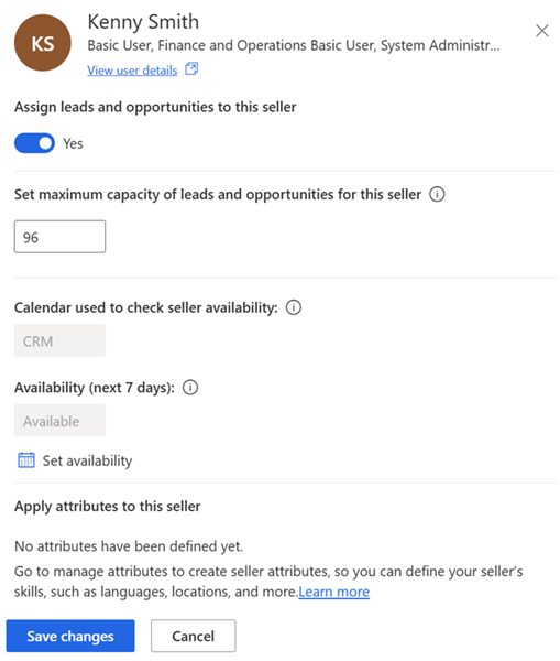 Screenshot of a seller's maximum capacity and attributes settings.