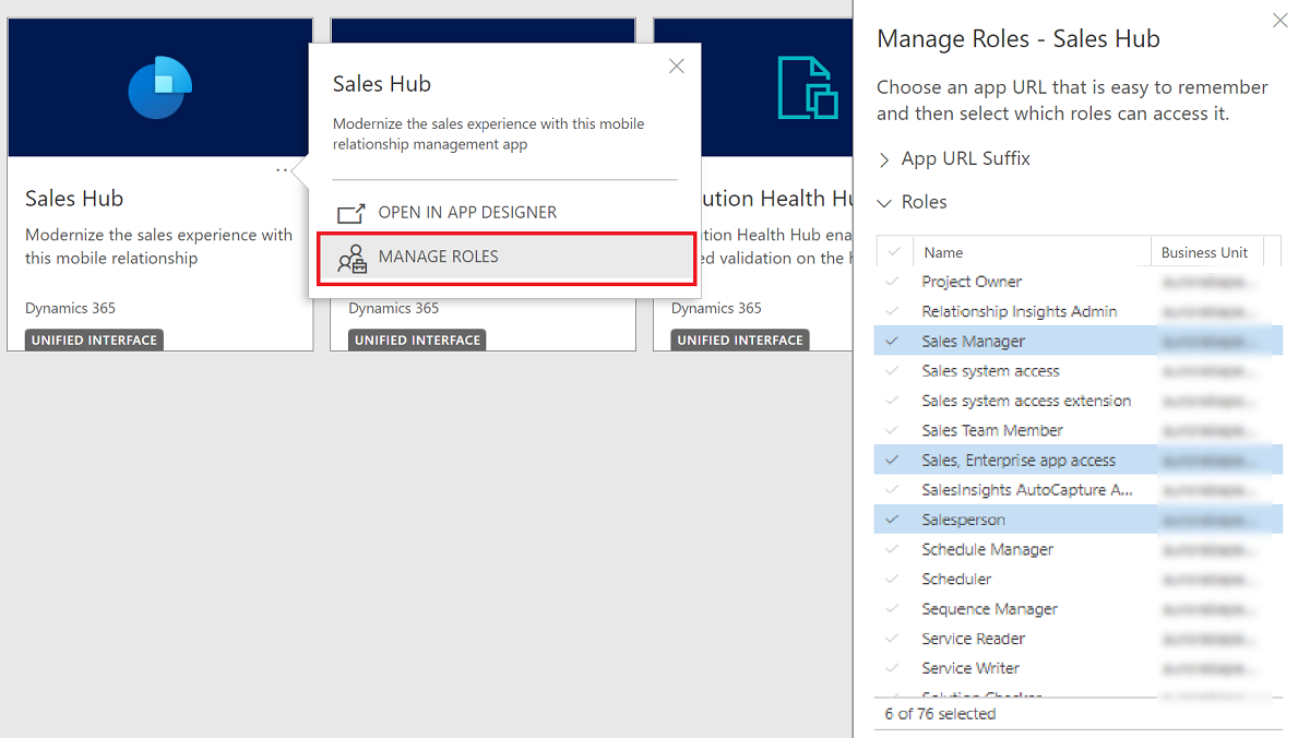 Screenshot showing the Manage Roles pane, with roles that already have access highlighted in blue.