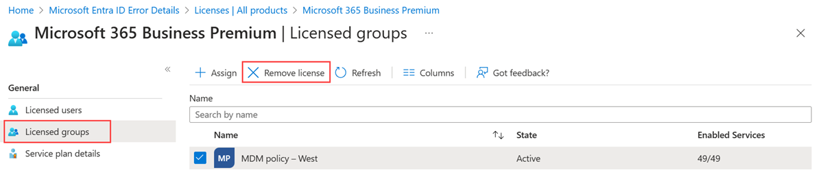 Screenshot of Licensed groups page with Remove license option 2 highlighted .