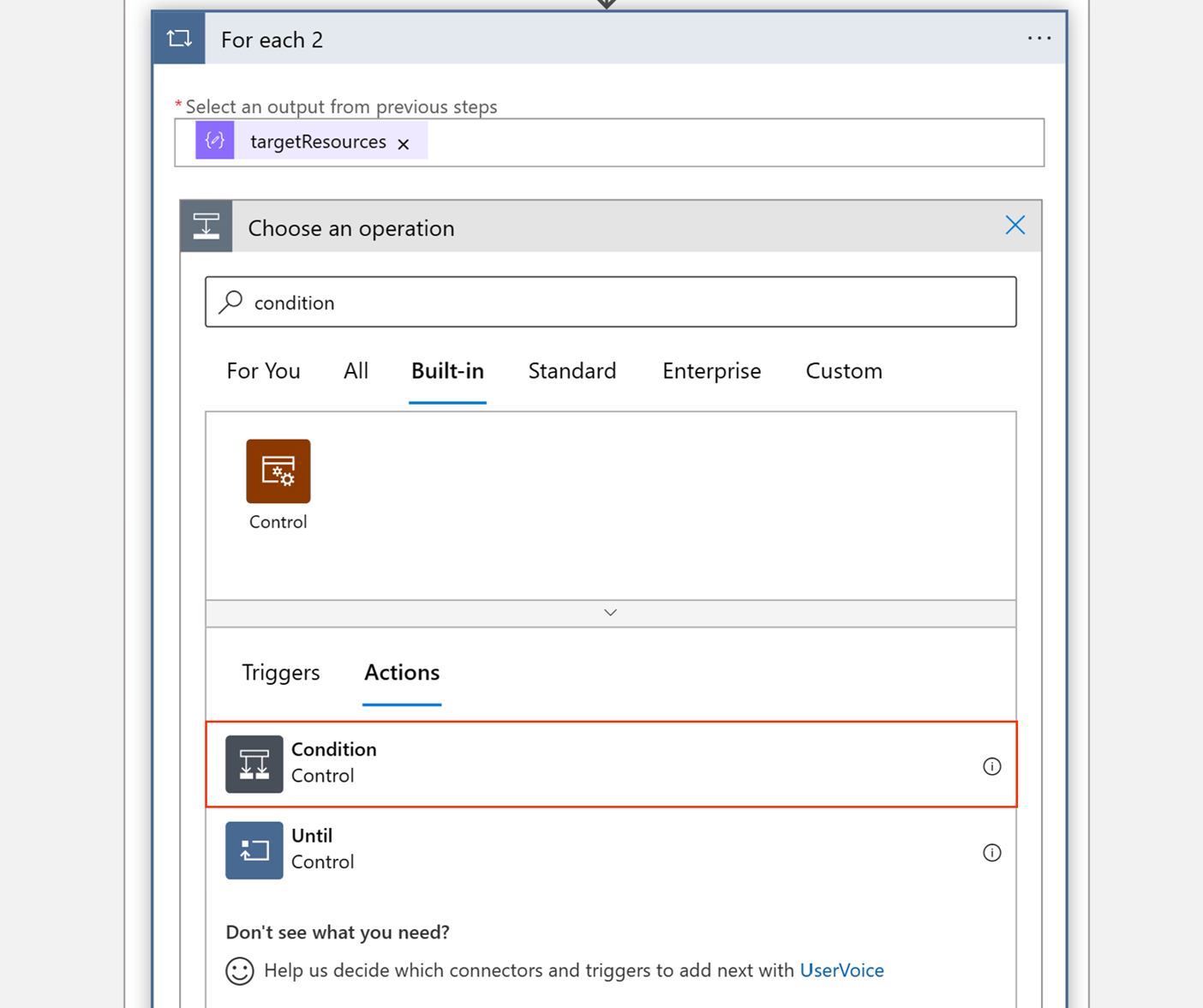 Screenshot of how to select a condition.