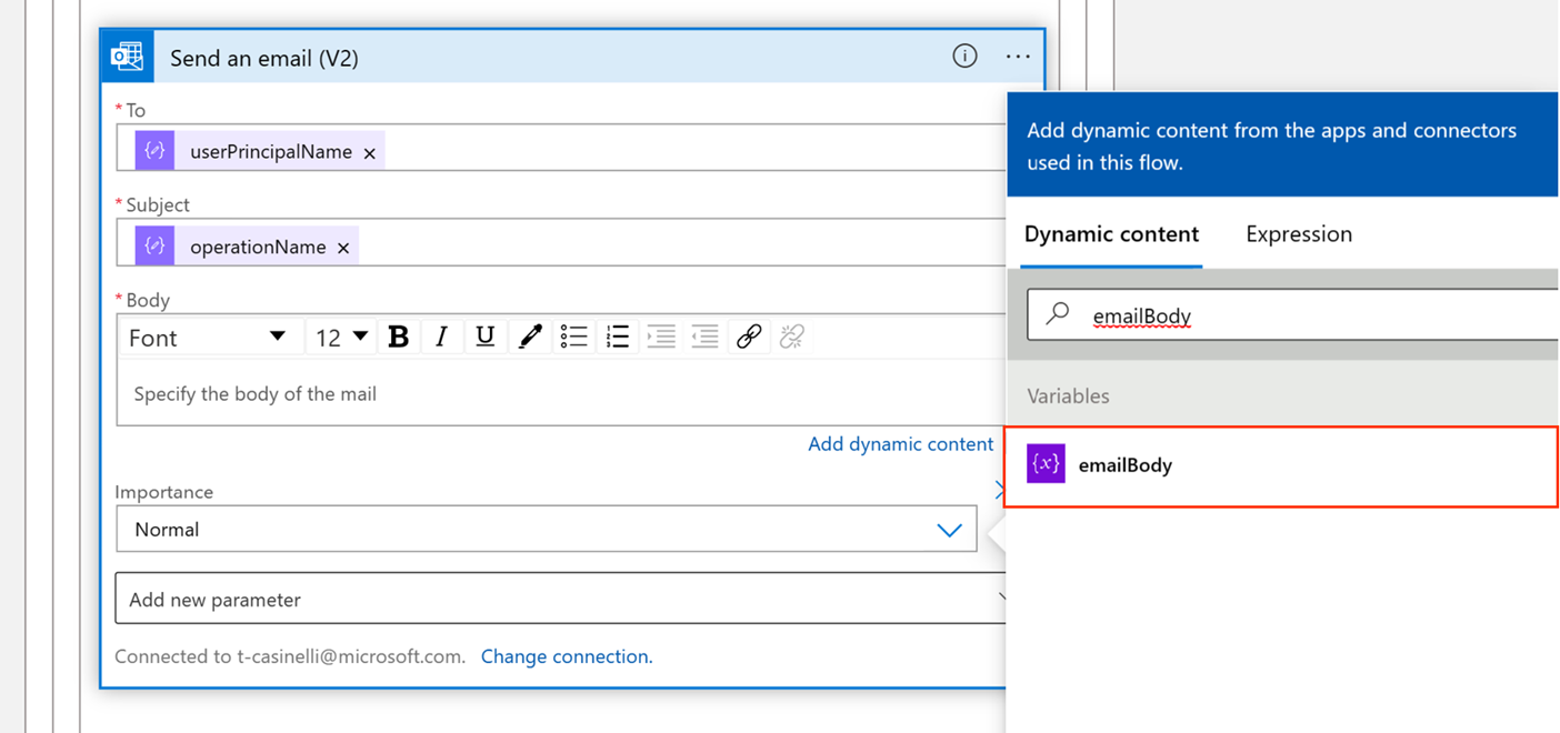 Screenshot of how to select the email body in the Dynamic content.