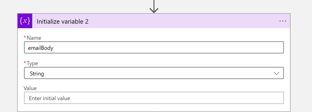 Screenshot of email body variable.