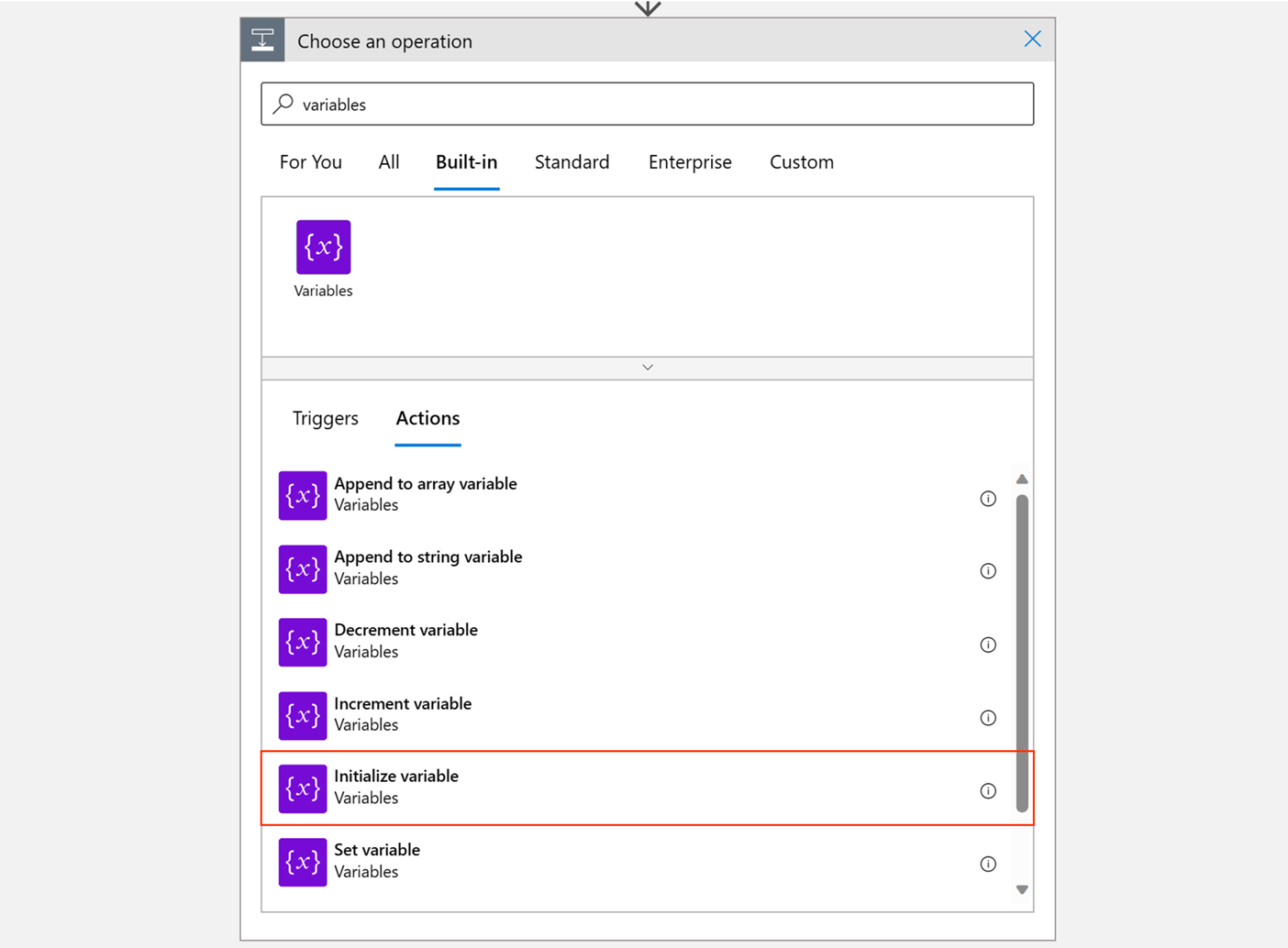 Screenshot of Initialize variable.