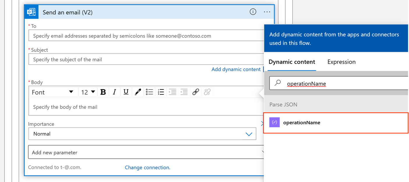 Screenshot of how to select operation name in Dynamic content.
