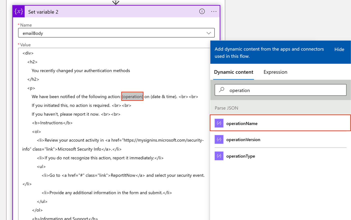 Screenshot of how to select operationName.