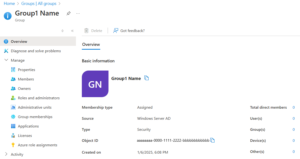 Screenshot of basic group properties.