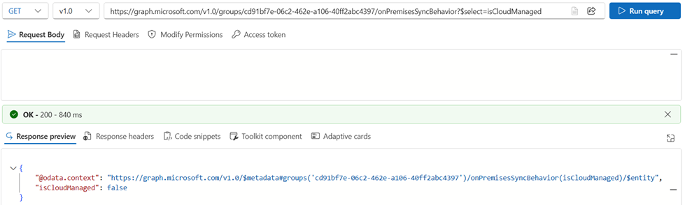 Screenshot of how to use Microsoft Graph Explorer to get the SOA value of a group.