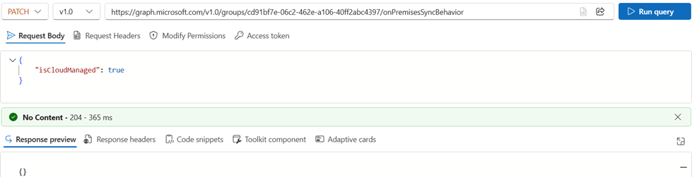 Screenshot of PATCH operation to update group properties.