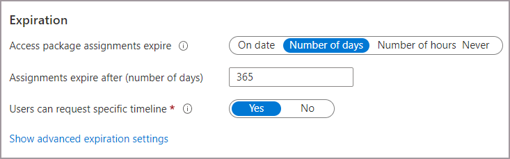 Screenshot that shows lifecycle expiration settings for an access package.