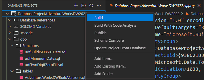 Screenshot from Visual Studio Code showing the option to Build the database project.