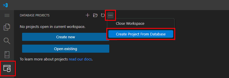 Screenshot from Visual Studio Code showing the Create Project from Database option.