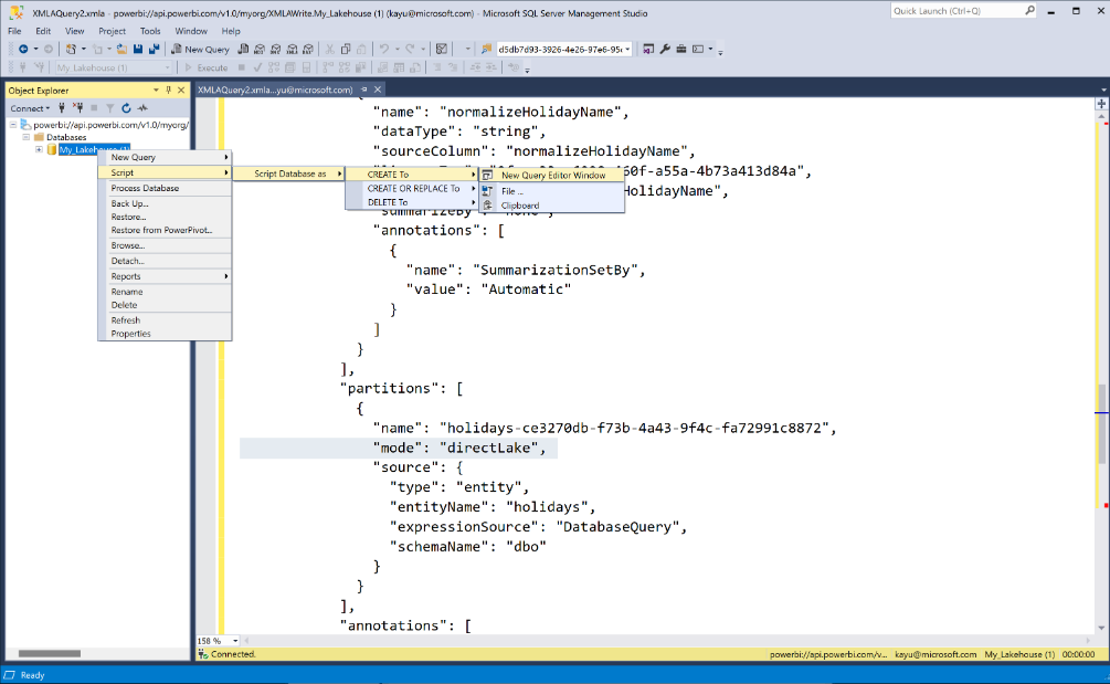 Screenshot an XMLA query in SSMS.