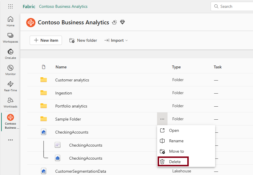 Screenshot of the Delete option for a folder in the contextual menu.