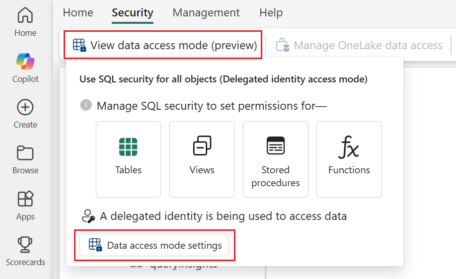 Screenshot that shows navigating to the data access mode settings for a SQL analytics endpoint.