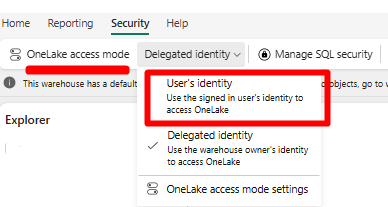 Screenshot that shows selecting 'user identity' to enable OneLake security for SQL analytics endpoint.