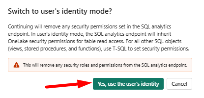 Screenshot that shows user prompt which must be accepted to enable OneLake security for table read access.