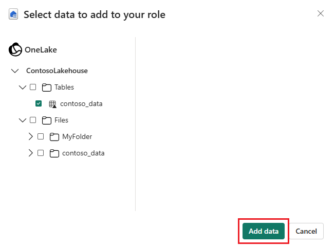 Screenshot that shows selecting 'add data' to confirm data selection for a security role.