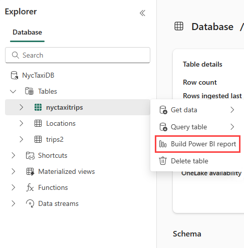 Screenshot of building a Power BI report from a table. The table menu is open with Build Power BI report selected.