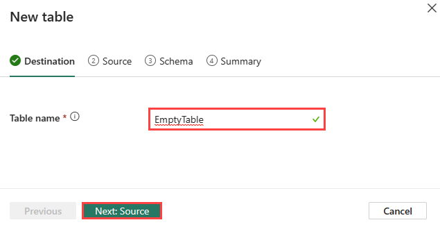 Screenshot of the Destination tab in the new table wizard in Real-Time Intelligence. The table name is highlighted.