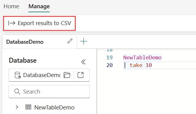 Screenshot of the Home tab of the KQL Queryset showing the highlighted option to export results to CSV.