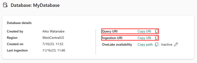 Screenshot of the database details card showing the database details. The options titled Query URI and Ingestion URI are highlighted.