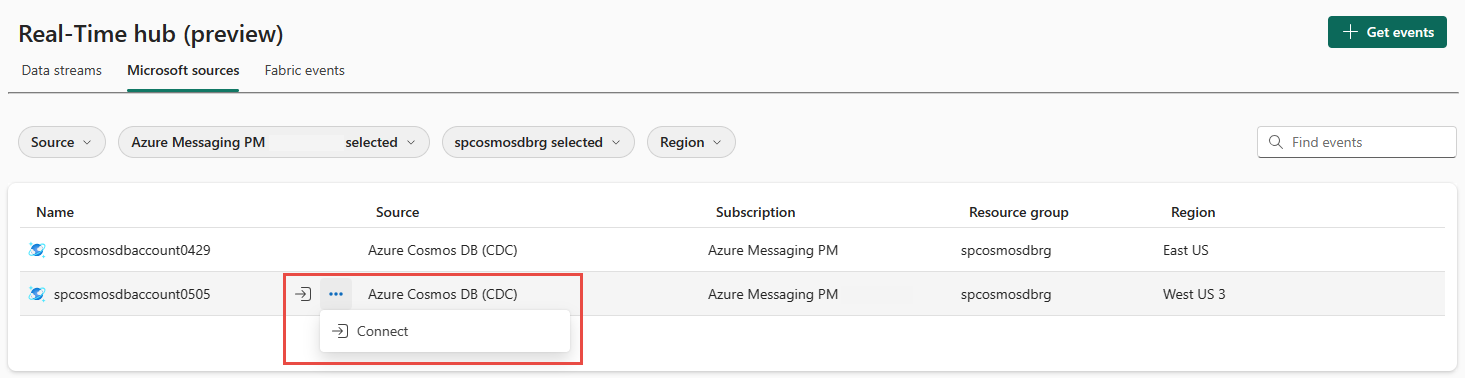 Screenshot that shows the Microsoft sources tab with filters to show Cosmos DB CDC and the connect button.